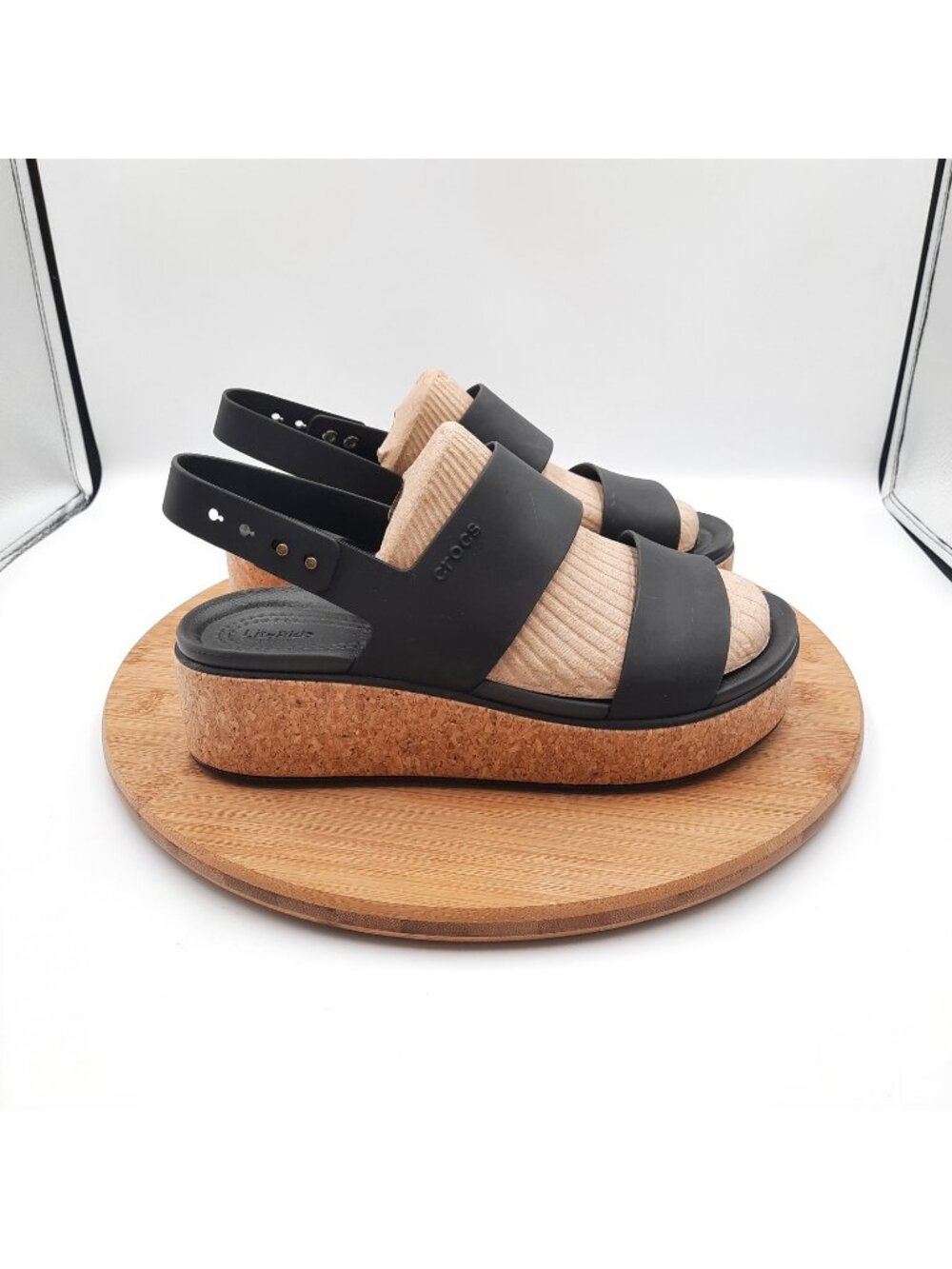 Crocs Brooklyn Womens 8 Sandals Black Cork Low Wedge Platform Adjustable NEW